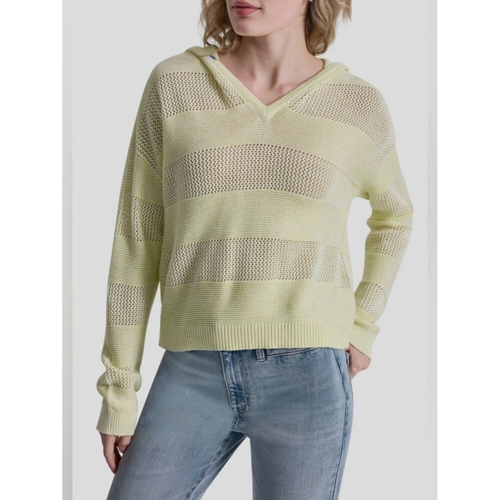 NWT DKNY Jeans Pointelle Stripe Hooded Sweater Lemon Light Medium
